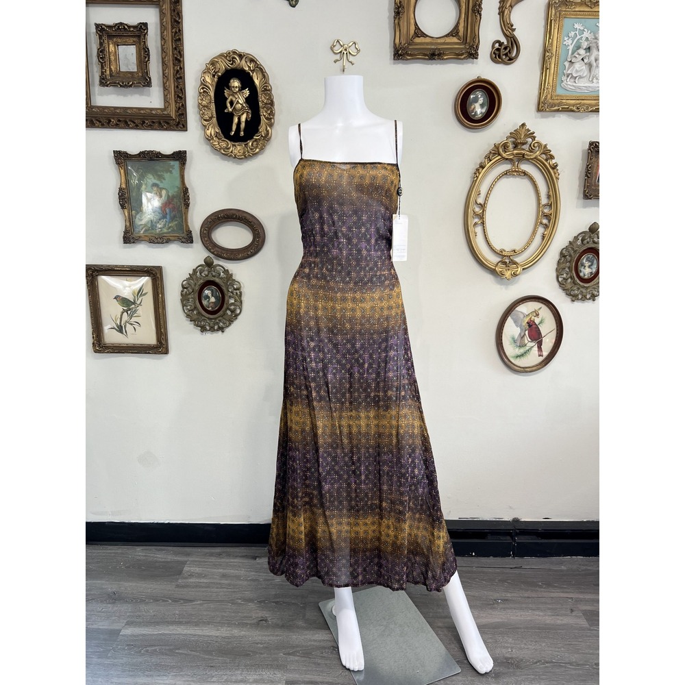 Vintage Selene Y2K Purple Gold Geometric Sheer Slip Dress Size 6 NWT Deadstock